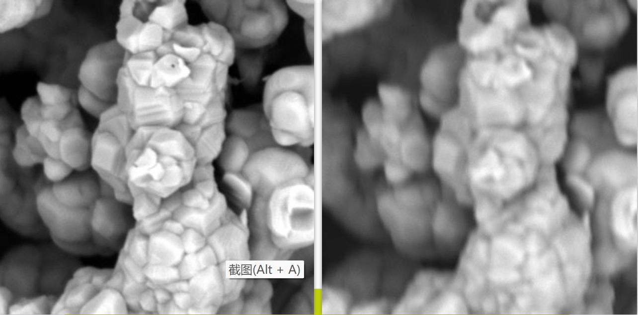 電極材料，掃描電鏡放大倍數(shù) 50000 倍，左邊圖像無像散，右邊圖片有像散